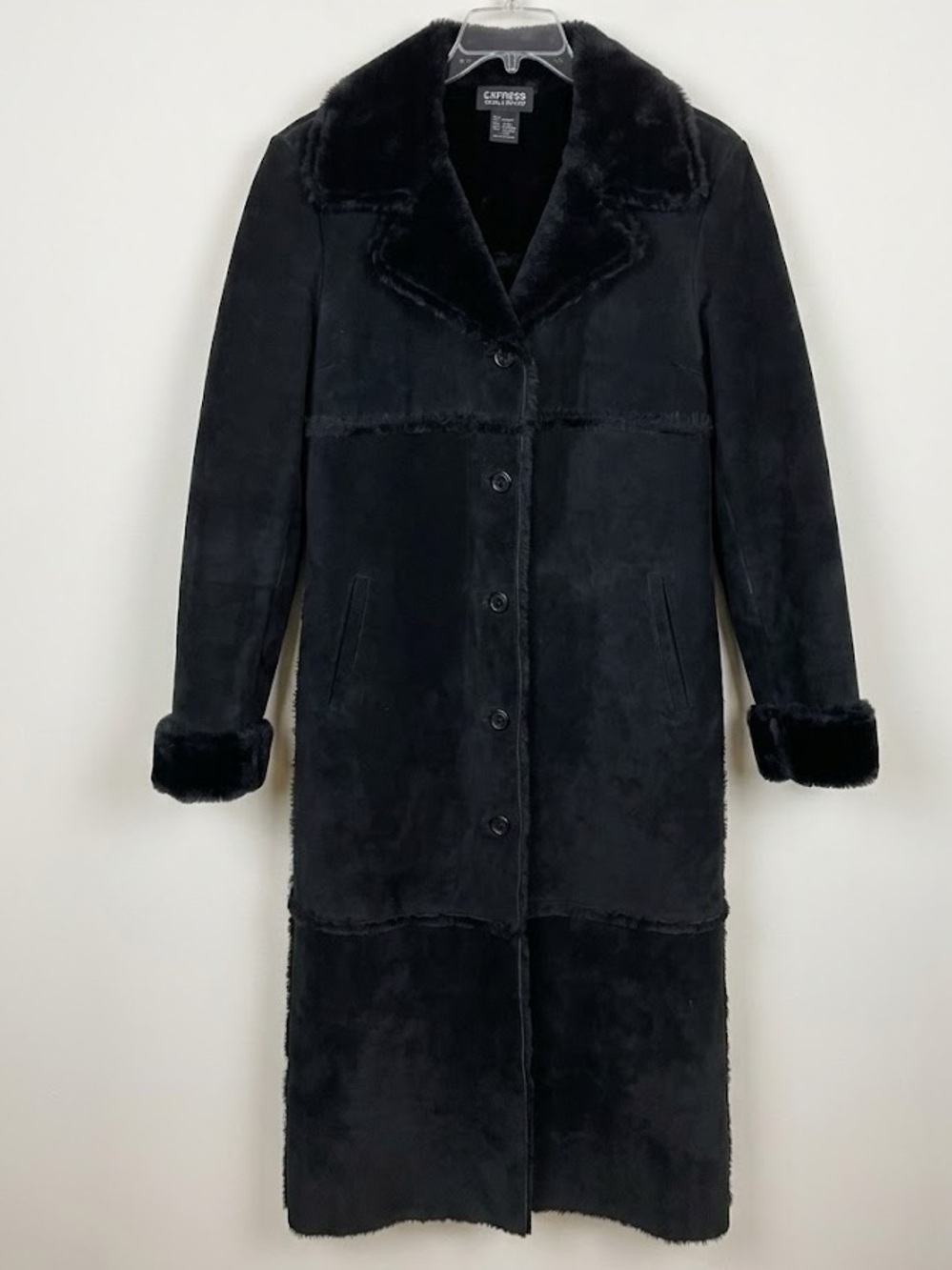 Express World Brand Black Suede Leather Penny Lane Maxi Coat Faux Fur Trim S Med